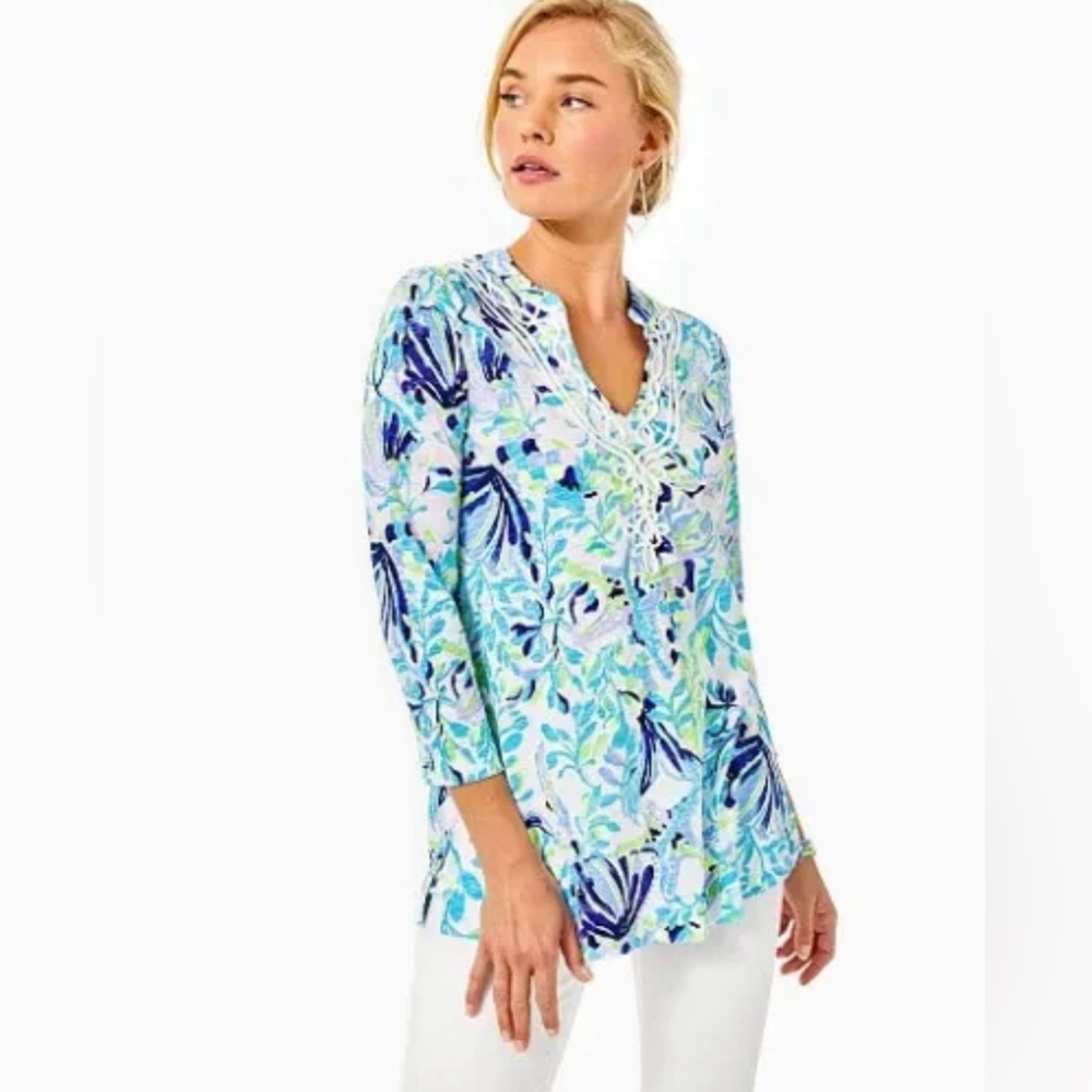 Lilly Pulitzer Blue Kaia Knit Tunic Top Resort White Shell Beach Size Large
